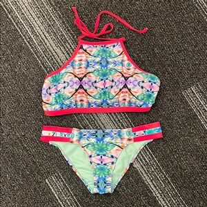 Heat Swim Bingo Vibrant Halter Top Tie Dye Pink Bikini Set. Small Large